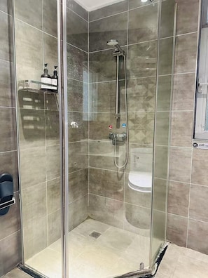 Chambre, vue ville | Salle de bain | Douche, sèche-cheveux, serviettes fournies, savon