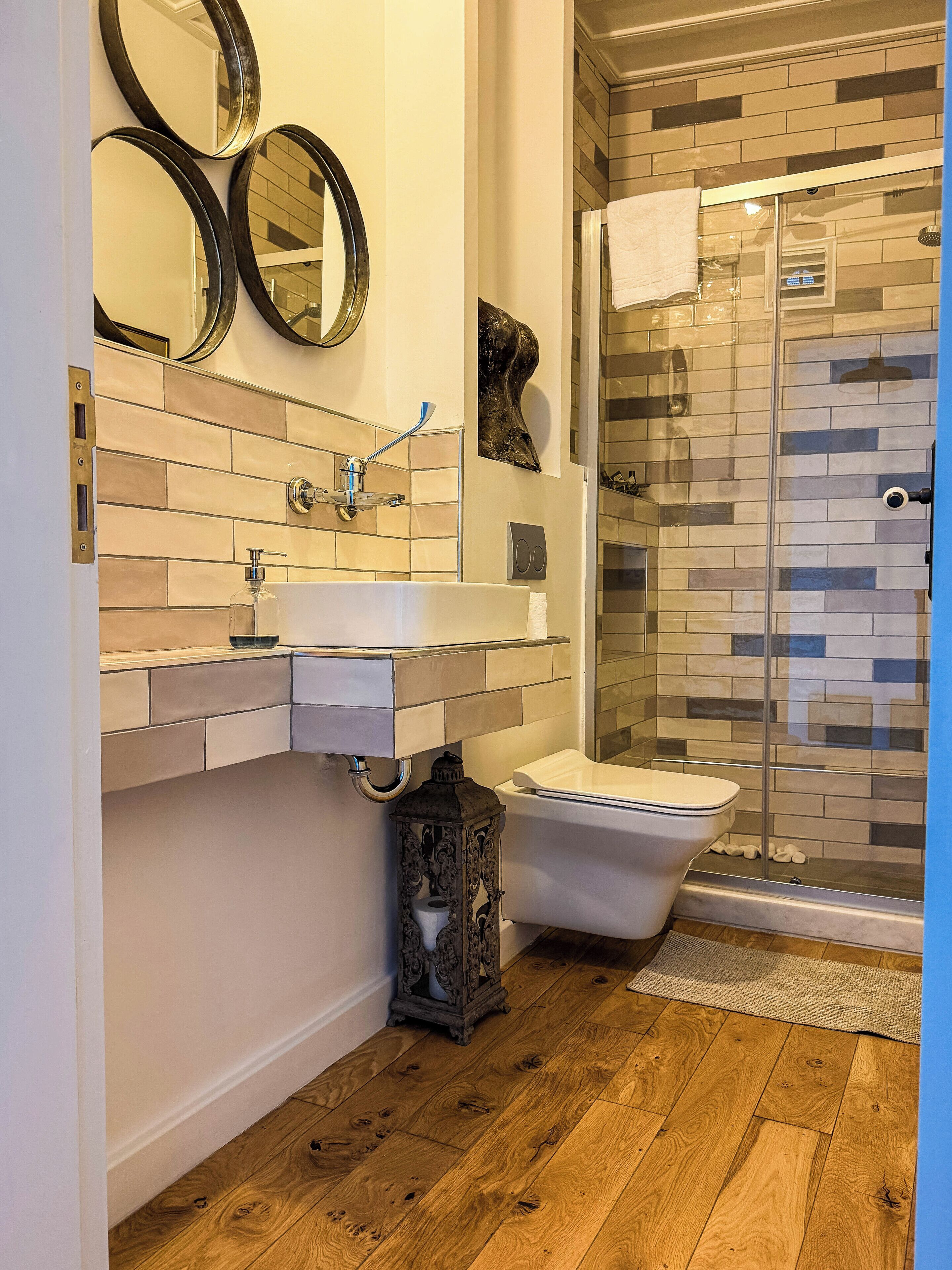 Hair dryer, towels, soap, toilet paper
