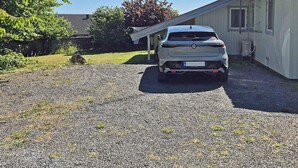 A white vehicle parked in a gravel driveway with a house in the background.