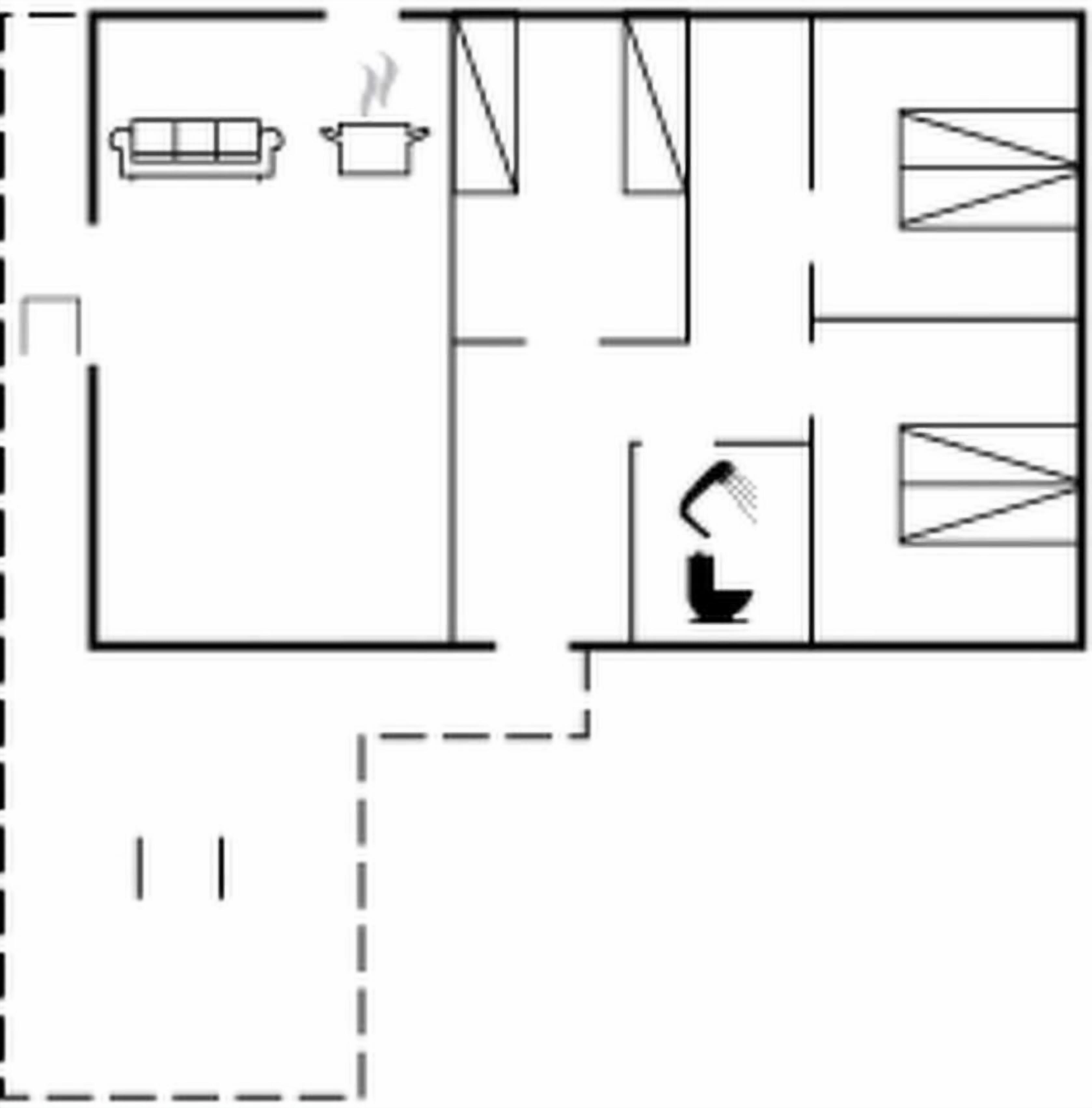 Un plano de planta que muestra una sala de estar, una cocina y un baño.