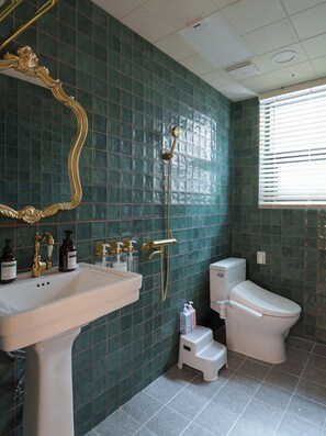 Secadora de cabello, toallas, jabón, papel de baño