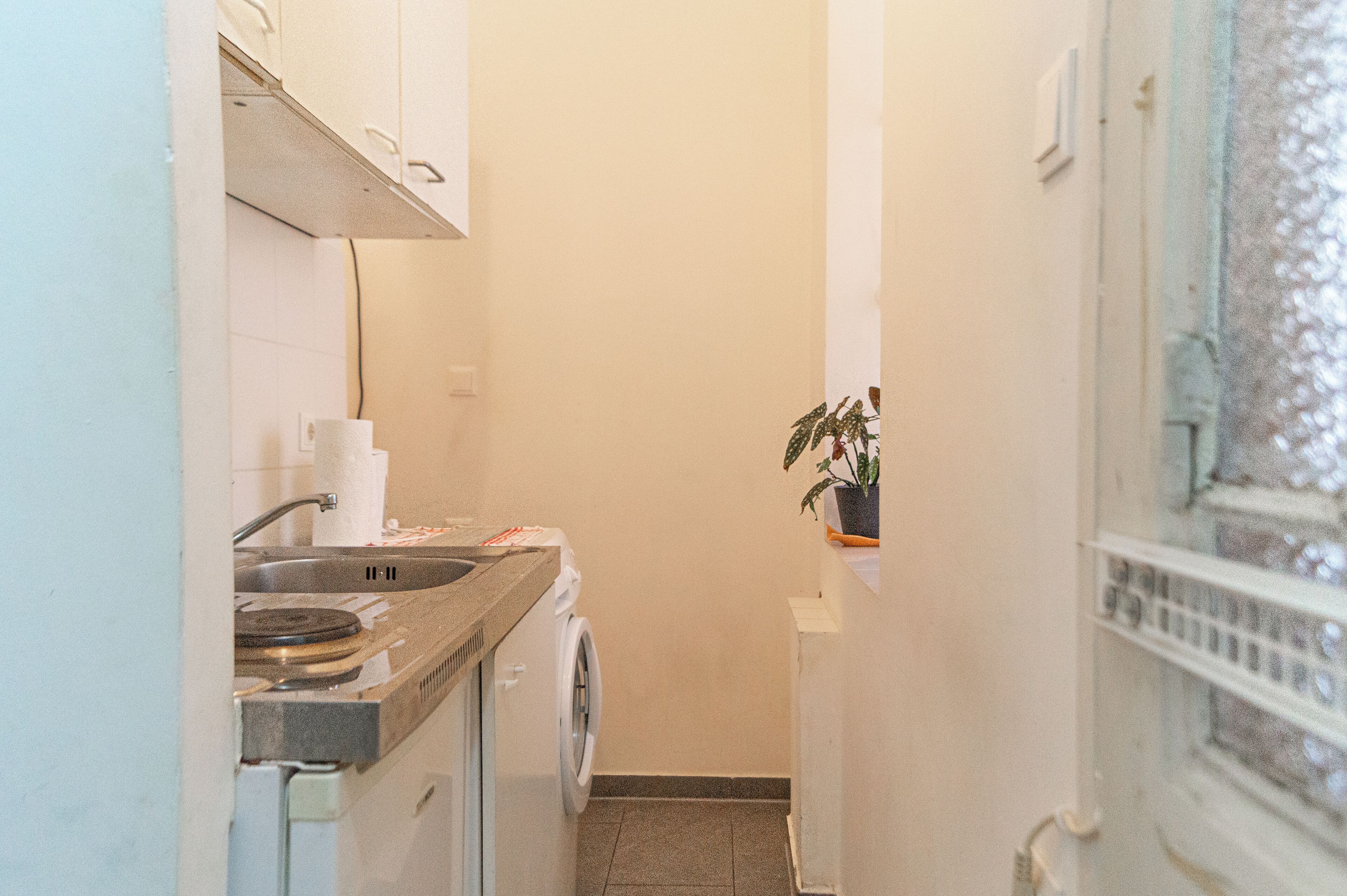 A narrow kitchen with a washing machine, a sink, and a window with a plant on the windowsill.