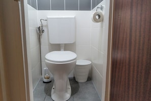 Basic Apartment | Bathroom | Shower, free toiletries, hair dryer, towels