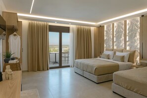 A modern bedroom with a large bed, a smaller bed, a balcony with curtains, and a view of the landscape. - Anassa Villa, with 110m² Pool & Emerald Gardens (Rethymno)