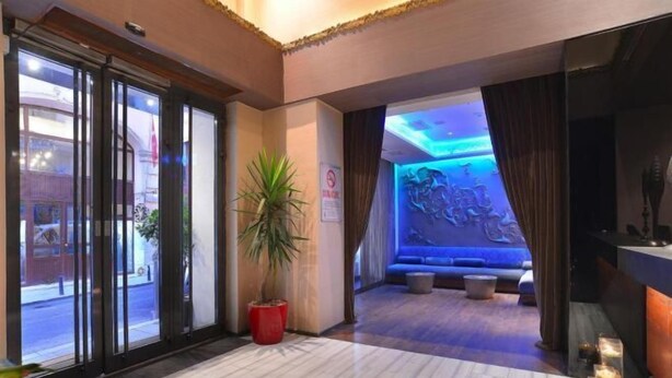 A hotel lobby with a reception desk, a large potted plant, a blue-lit wall, and a seating area with a sofa and chairs. - Pera Tulip Hotel (Istanbul)