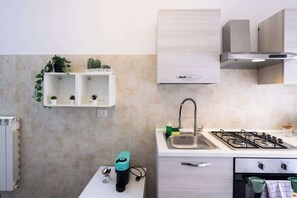 A modern kitchen with a gas stove, a sink, and built-in cabinets.