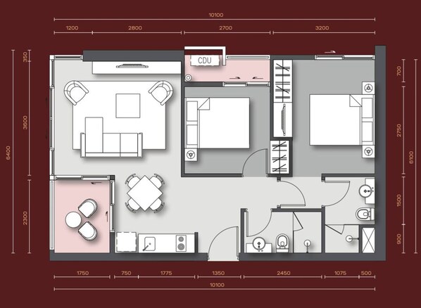 A floor plan of a hotel room with a bed, a desk, a chair, a small table, and a bathroom. - The Unixx South Pattaya (Pattaya)