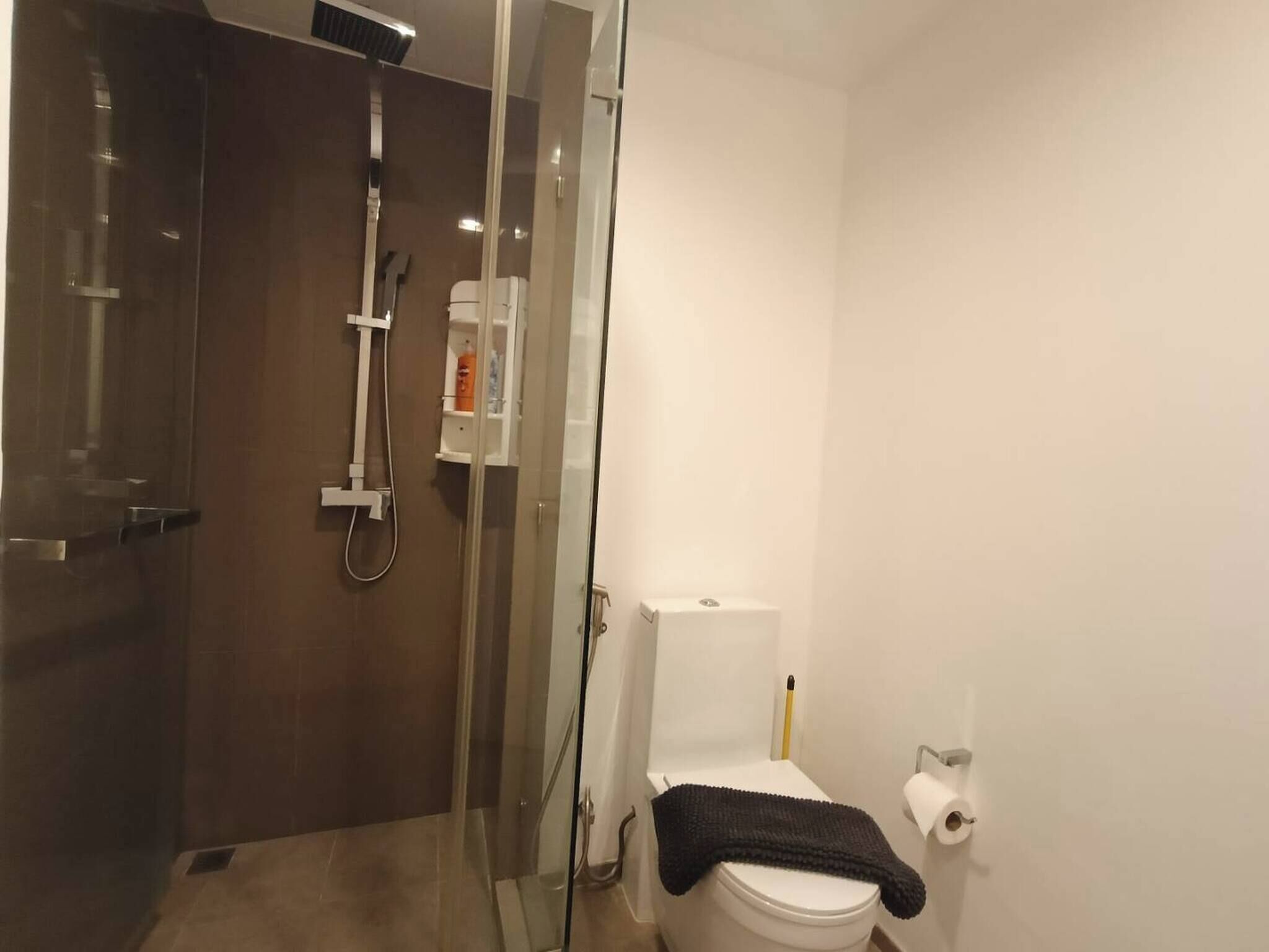 A modern bathroom with a glass-enclosed shower, a white toilet, and a towel rack.
