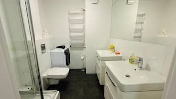 Hair dryer, towels, soap, toilet paper