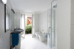 Shower, hair dryer, bidet, towels