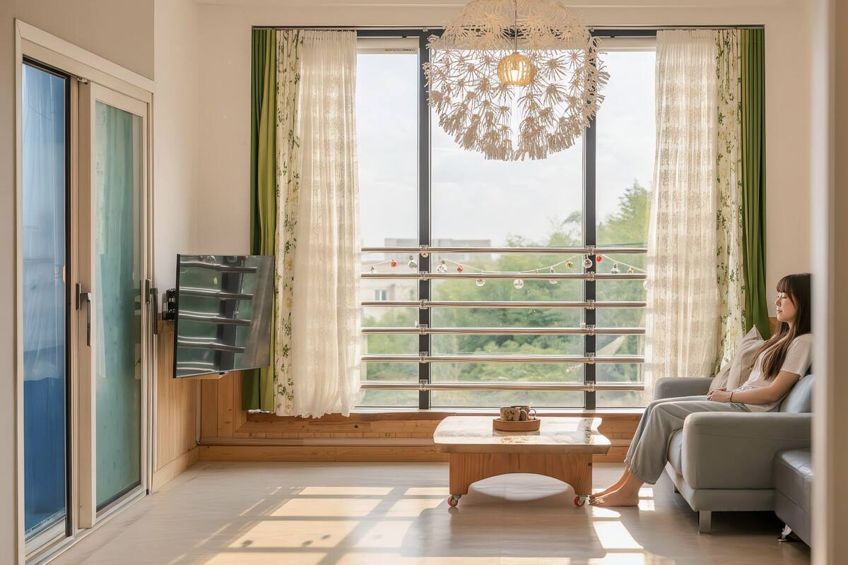 A living room with a sofa, a coffee table, and a large window with curtains.