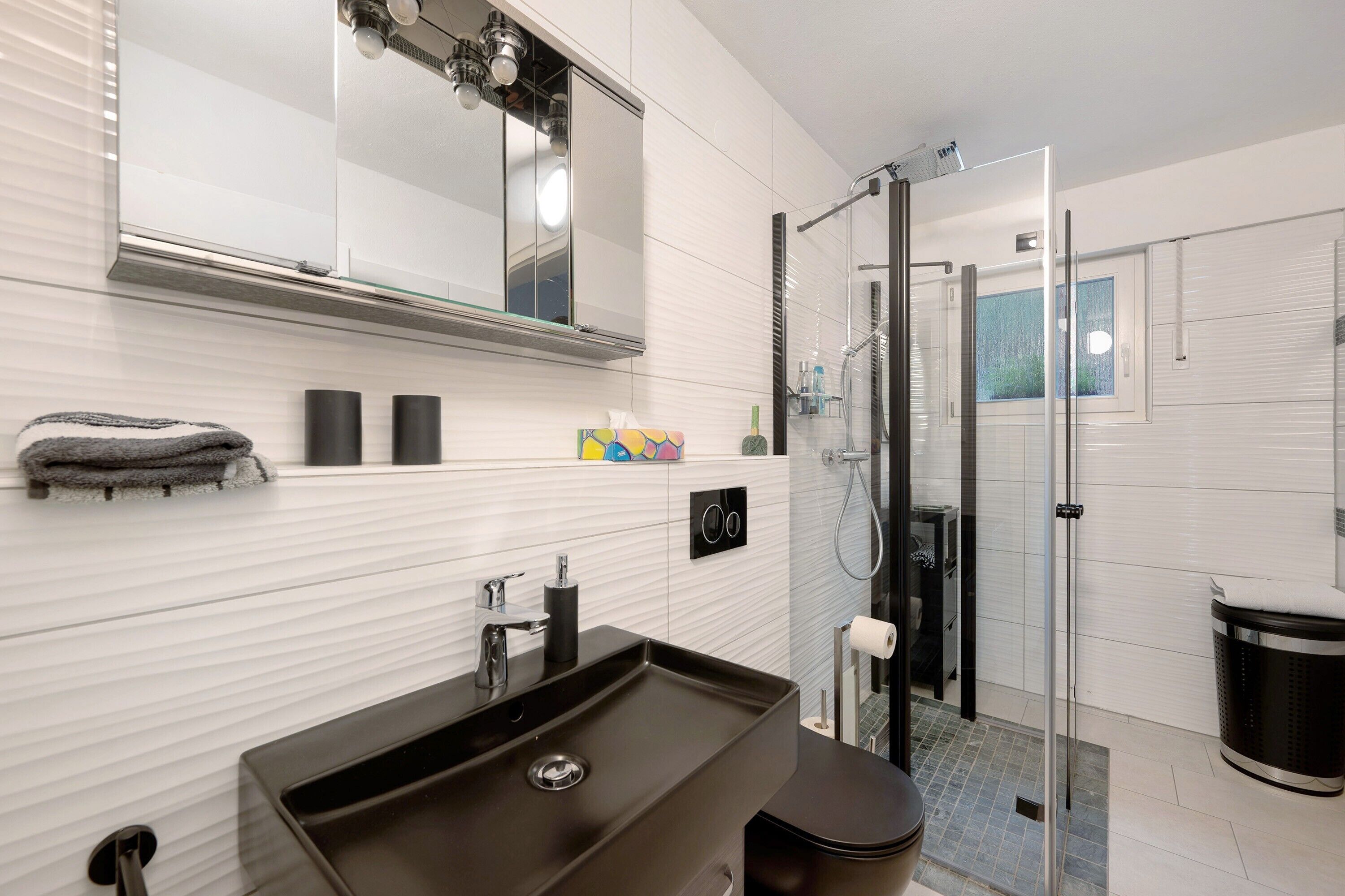 Shower, hair dryer, towels