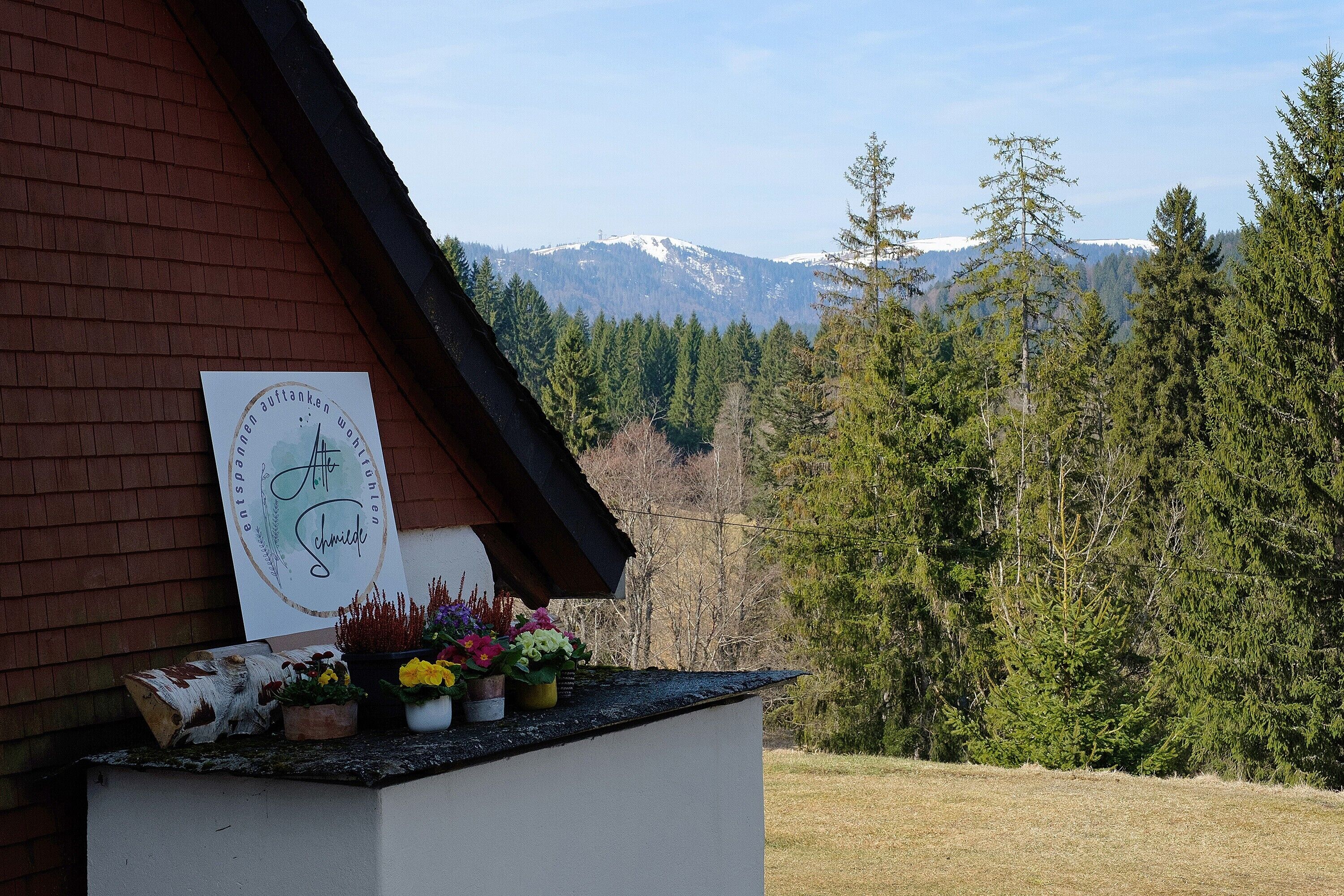 Un bâtiment avec une enseigne, des plantes en pot et une vue sur des montagnes enneigées.