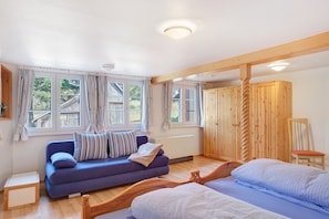 A room with a blue sofa, a wooden bed, and a wooden wardrobe.