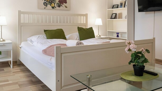 A neatly arranged bedroom with a bed, bedside tables, a TV, and a small table with a plant. - Comfort 2BR Apt Long Stay Friendly (Vienna)