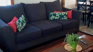 Una sala de estar con un sofá oscuro, dos cojines decorativos estampados, una mesa de centro de madera con una planta verde y un cuadro en la pared.