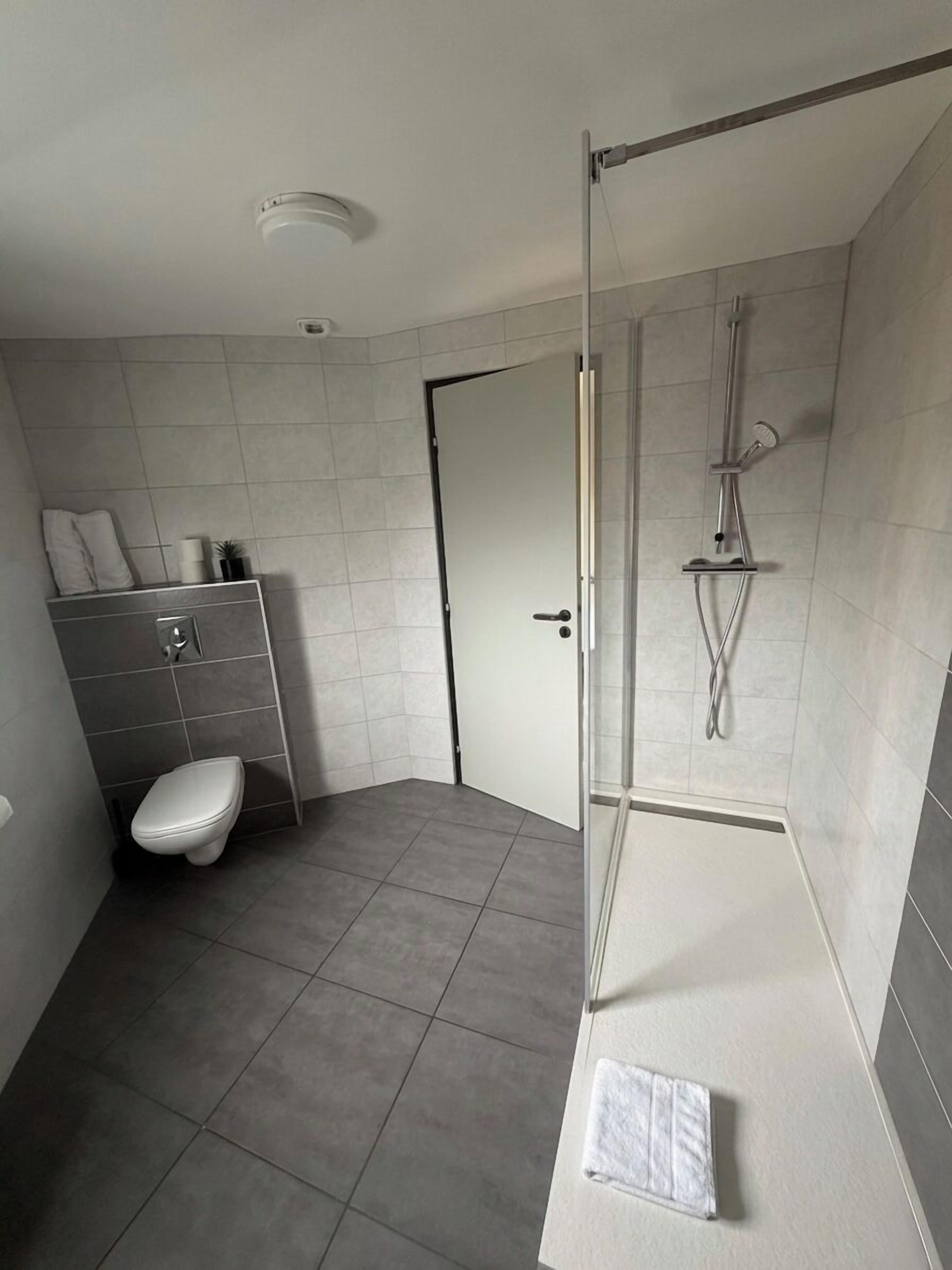A modern bathroom with a toilet, a shower enclosure, and a vanity with a sink.