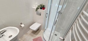 Hair dryer, towels, soap, toilet paper
