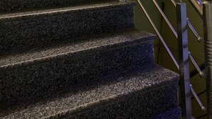 A staircase with granite steps and metal railings. - Hotel Krishna Inn (Karchana)