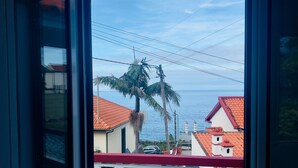 Vista a través de una ventana con balcón, que muestra una palmera, un edificio de techo rojo y una masa de agua al fondo.
