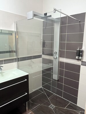 Hair dryer, towels, soap, toilet paper
