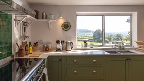 A kitchen with a large window, green cabinets, and various kitchen appliances.