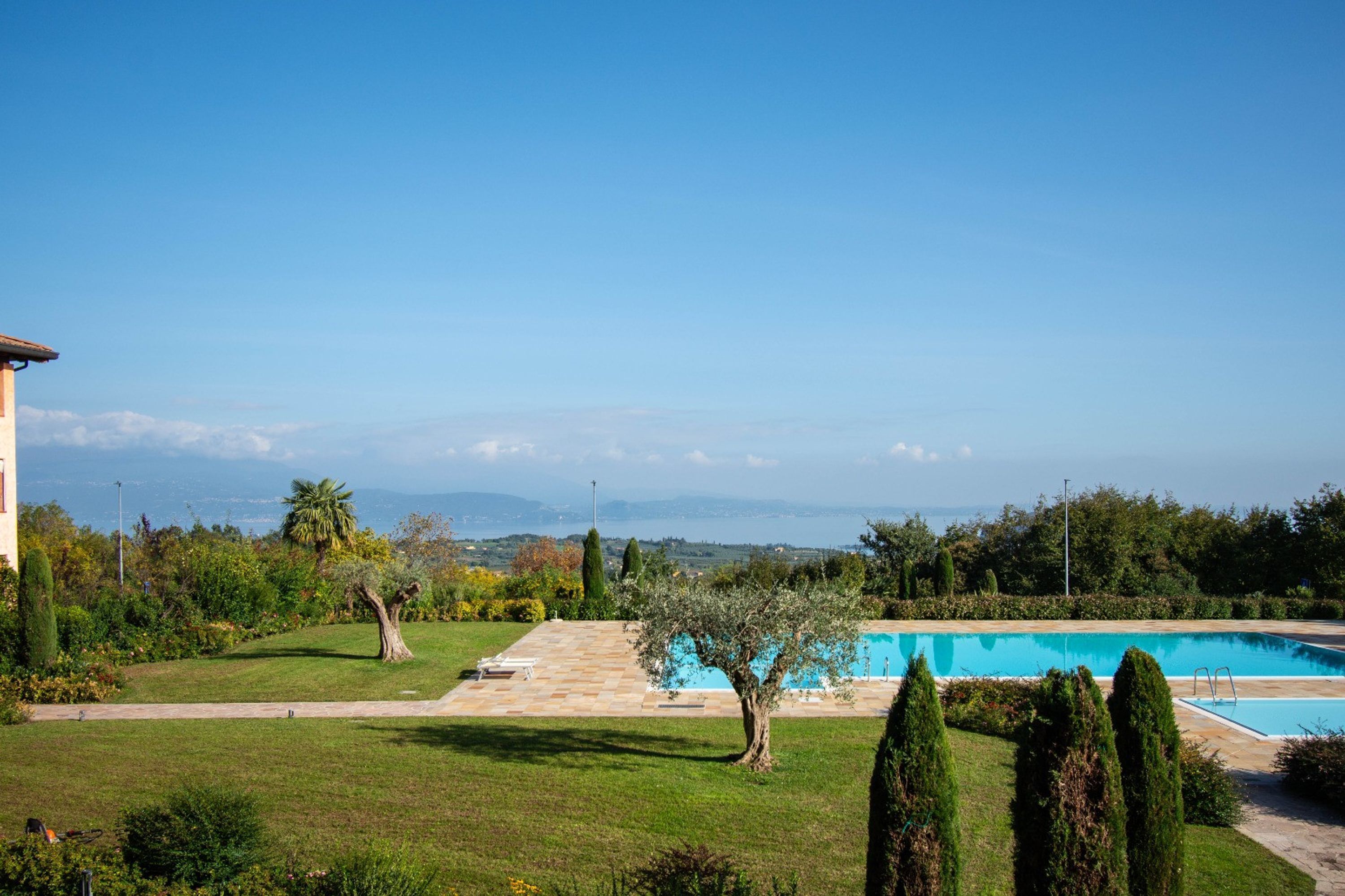 Un área de piscina con vistas despejadas del paisaje circundante, que incluye un césped y una diversidad de árboles.