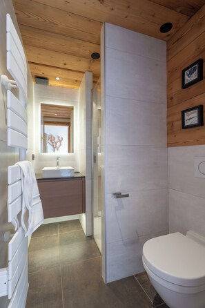 A bathroom with a white sink, a toilet, and a shower area. - Hameau des clos Téléporté (Les Gets)
