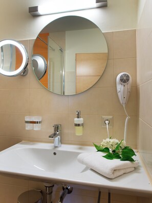 Hair dryer, towels, toilet paper