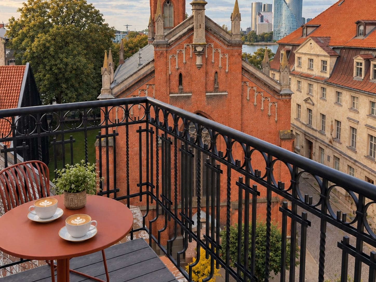 A balcony with a table and chairs, overlooking a historic building with a red brick facade and a church steeple.
