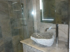 Shower, hair dryer, towels