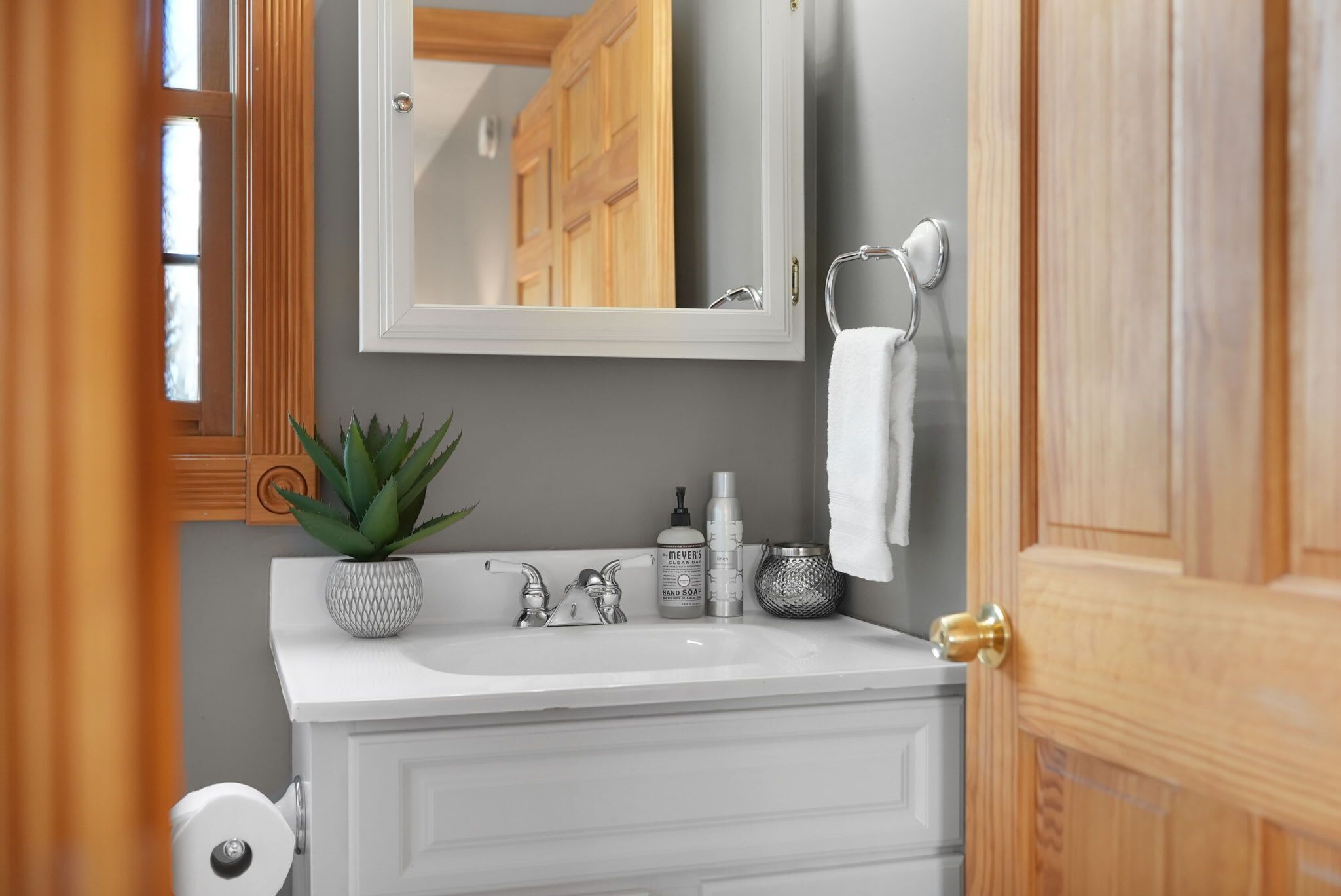 A bathroom with a white sink, a mirror, a potted plant, and toiletries.