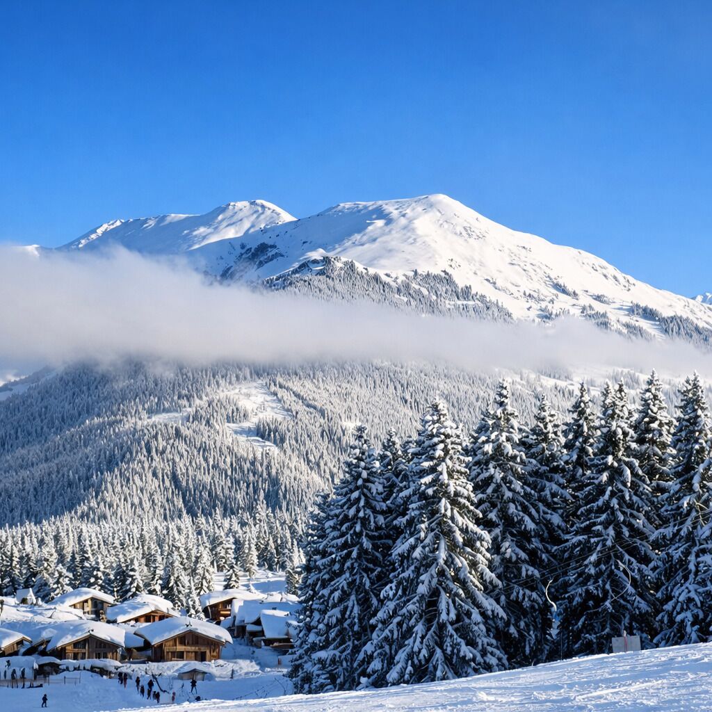Una montaña nevada con cielo despejado, una zona boscosa y varias cabañas de madera con tejados cubiertos de nieve.