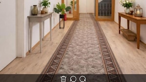 A hallway with a patterned carpet, wooden flooring, a mirror, and potted plants. - SILONCE Hotel Bilstein - Lennestadt (Lennestadt)