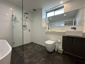 Douche, sèche-cheveux, serviettes fournies, shampoing