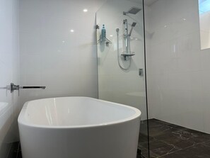 Chuveiro, secador de cabelo, toalhas de banho, shampoo