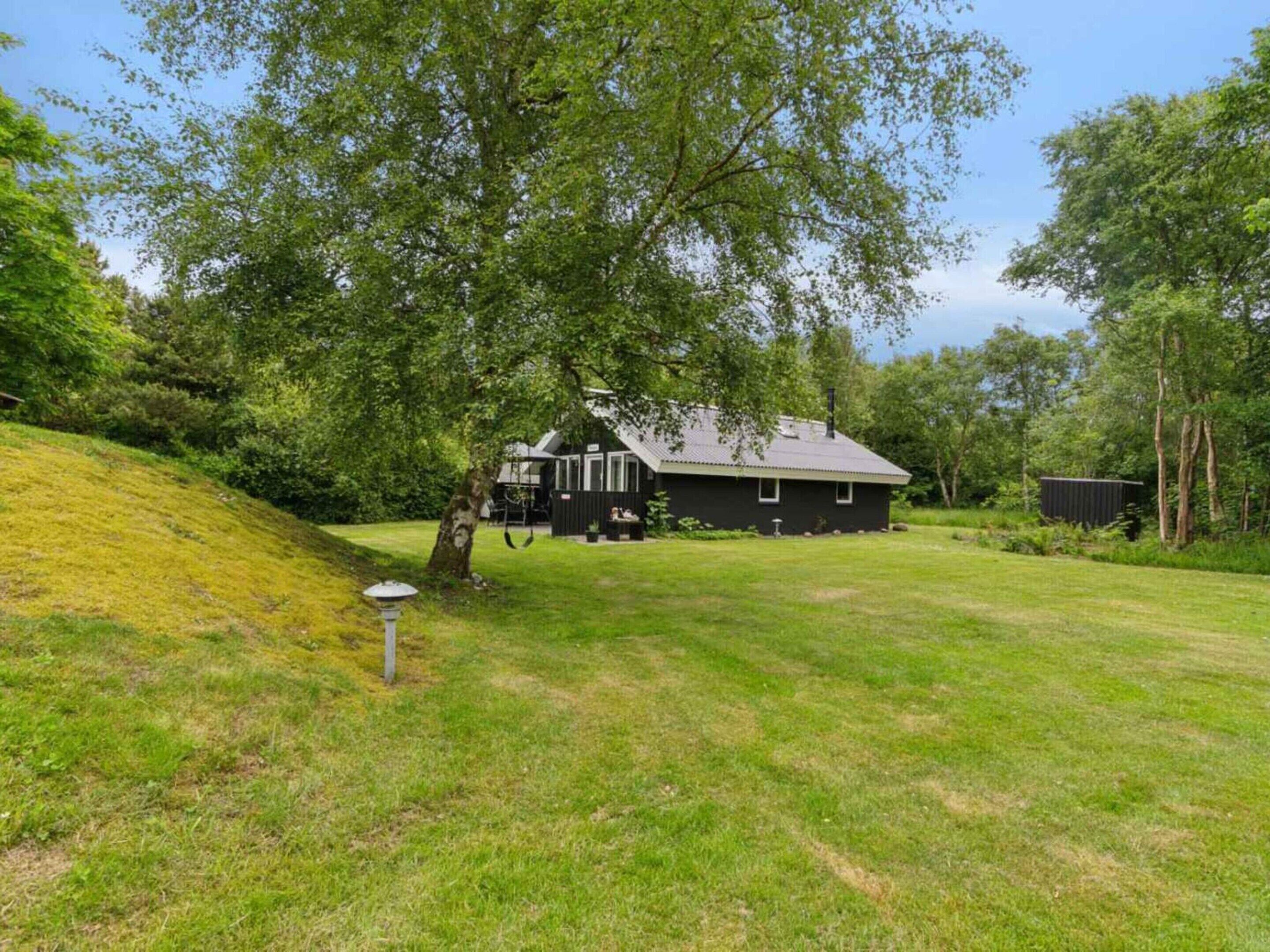 A black house with a sloped roof, surrounded by a grassy yard and trees.
