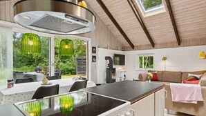 A modern kitchen with a central island, a stove, and a large window overlooking a garden. - 4 Star Holiday Home in Hurup Thy (Hurup Thy)