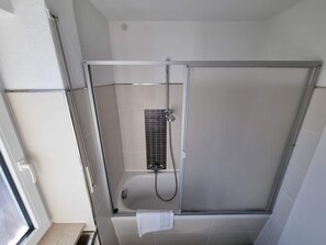 Hair dryer, towels, soap, toilet paper