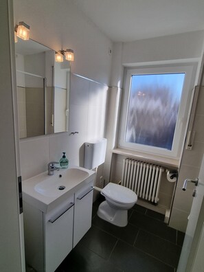 Hair dryer, towels, soap, toilet paper
