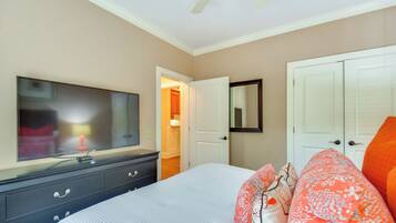 A bedroom with a bed, a TV, a dresser, a closet, and a door leading to another room.