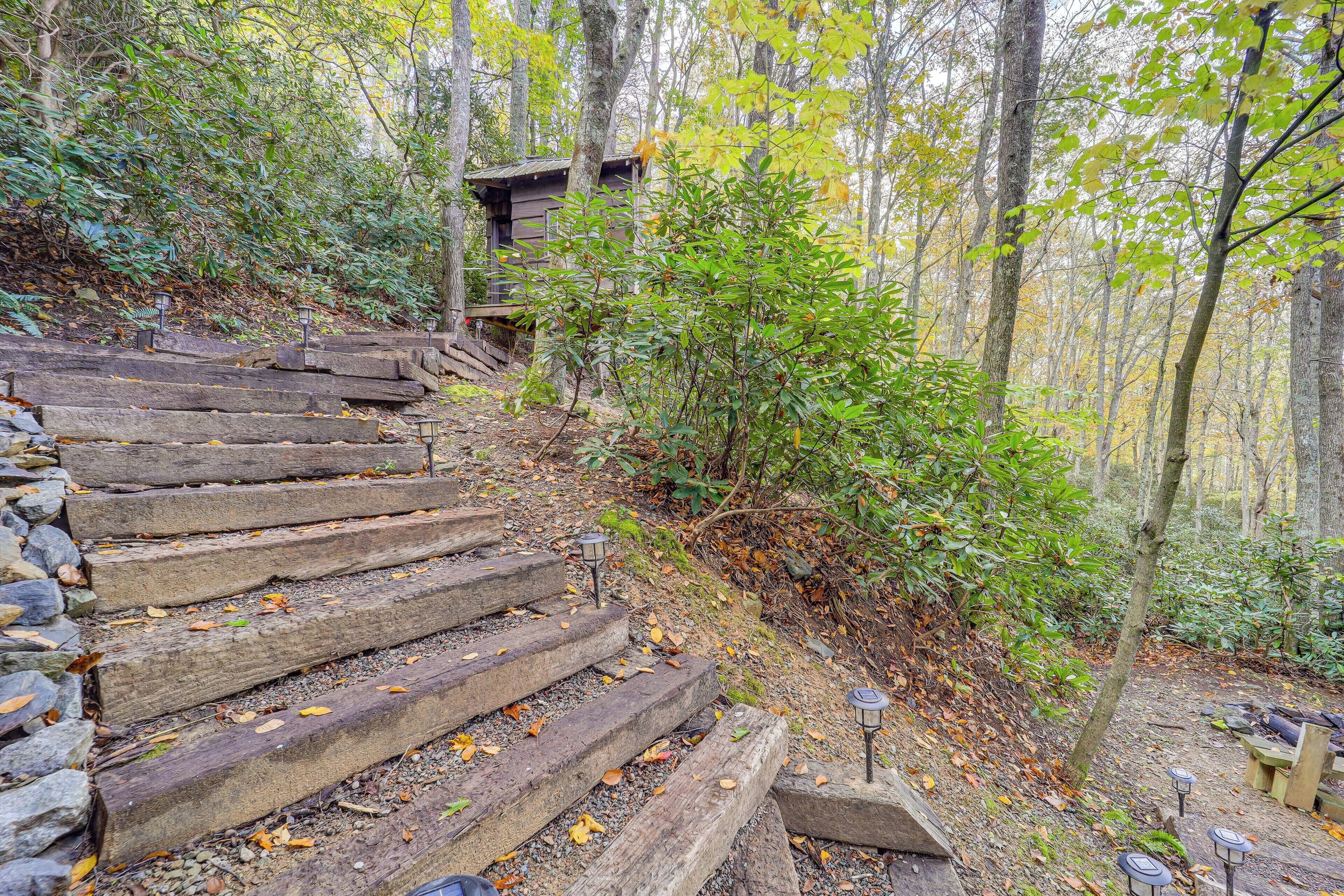 A wooden staircase leading to a cabin in a forested area.