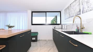 Full-size fridge, microwave, oven, stovetop