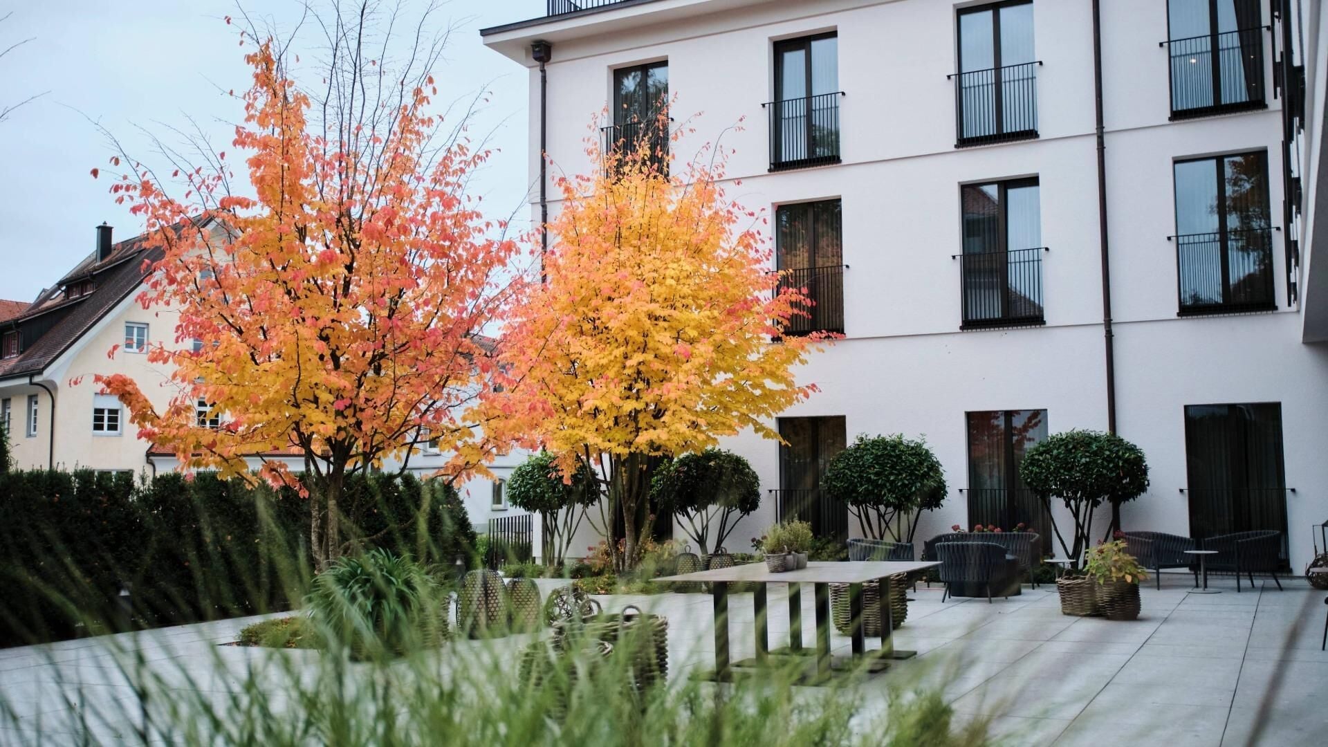 Ein Innenhof mit einem weißen Gebäude, Sitzgelegenheiten im Freien und Herbstlaub.