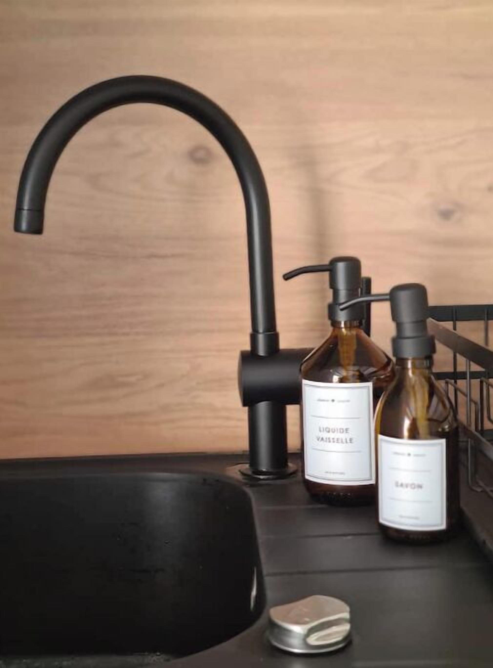 Un évier de cuisine avec un robinet noir, deux bouteilles de savon liquide et un porte-savon.