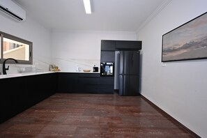 Fridge, microwave, high chair