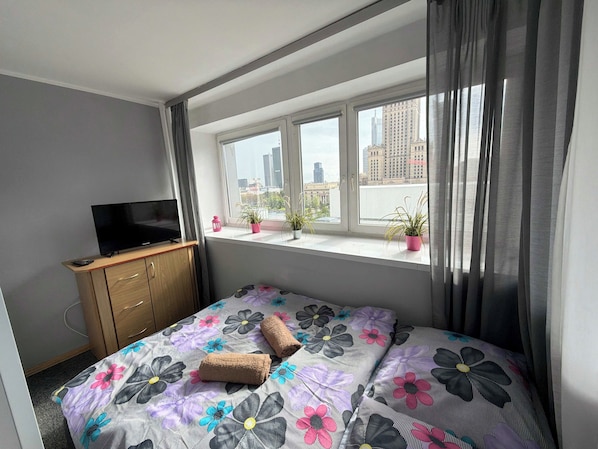 Un dormitorio con cama, televisión sobre un mueble de madera, ventana con vista a la ciudad y planta en el alféizar.