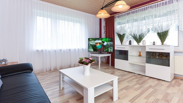 A modern living room with a black sofa, white coffee table, and a TV on a stand. There is a white cabinet with glass doors and a vase with flowers on the coffee table. - Ferienwohnung fur bis zu 3 Personen in Bensersiel (Esens)