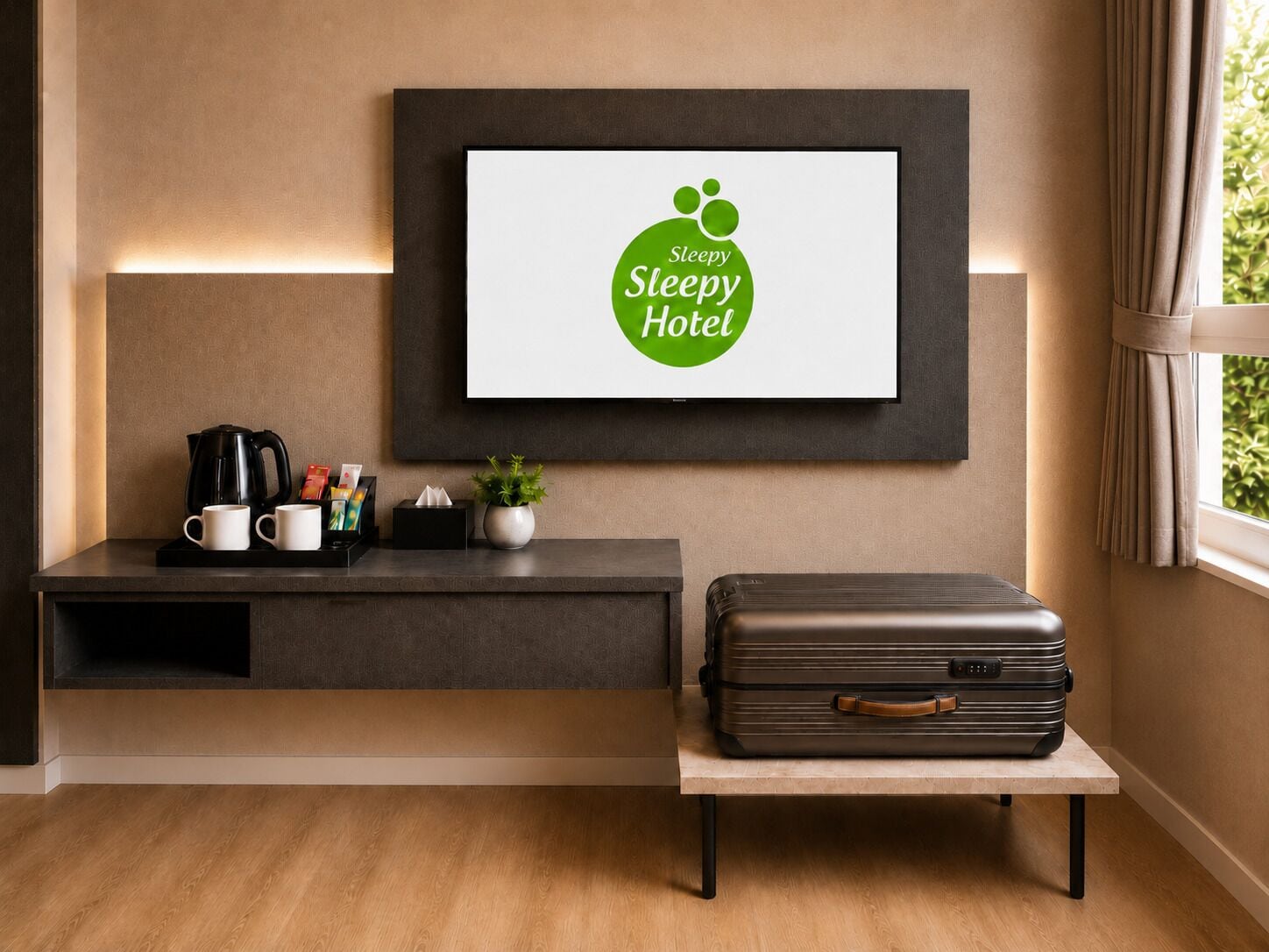 A hotel room with a framed sign, a coffee station, a suitcase, and a window with curtains.