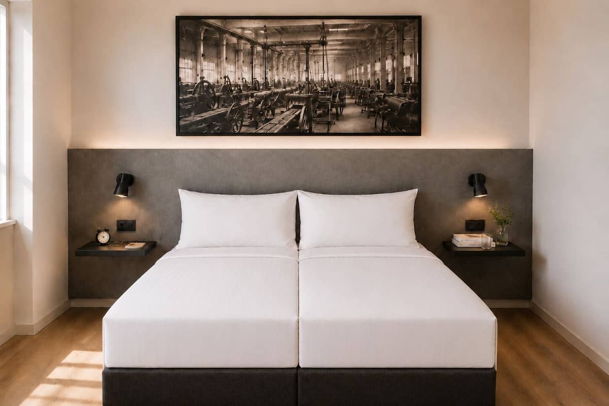 A double bed with a grey headboard, two bedside tables with lamps, a clock, and a framed picture above.